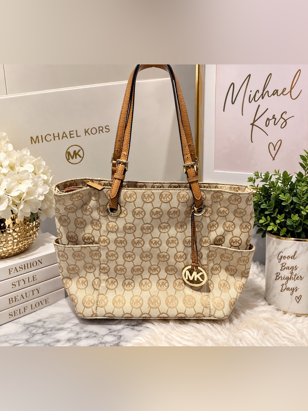 Michael Kors Signature MK Monogram Large Tote Bag Beige Brown Gold